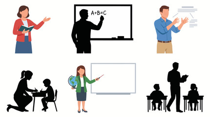 Obraz premium Professional vector collection featuring 6 different teacher character poses, teaching lessons, writing on board, explaining concepts, helping students, presenting educational materials