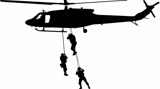 Commandos descend from helicopter on ropes in black silhouette