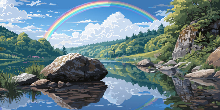Rainbow arching over a tranquil lake surrounded by lush greenery and rocky terrain under a clear blue sky with landscape reflection greenery colorful tranquil outdoors panorama phenomenon