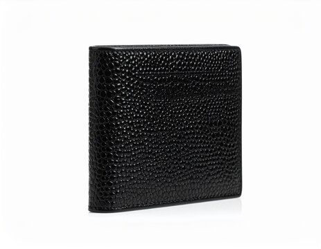 Shiny black stingray leather cardholder wallet isolated on white background for elite fashion concepts.