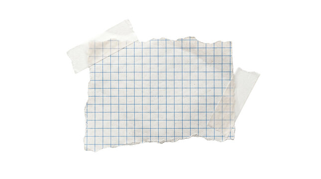 Torn grid paper sheets, blue and orange lines, white background, office supplies, stationery