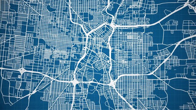 Ink reveal animation of San Antonio city, Texas (TX), United States of America, grid map. Aerial top view. Blueprint style. White lines with blue background. 4K Seamless loop.