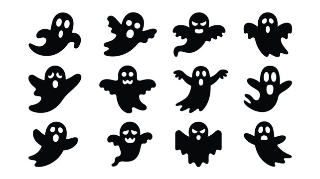Diverse collection of black ghost characters with playful and frightening Halloween expressions