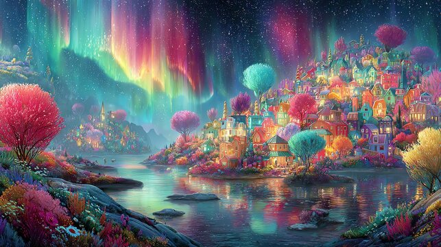 A vibrant fantasy landscape with colorful trees and shimmering lights.