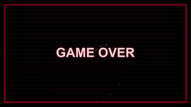 Striking visual of 'Game Over' presented in a classic arcade font with a subtle glitch effect and a bold, illuminating red border on a black screen, signaling the conclusion of a virtual experience
