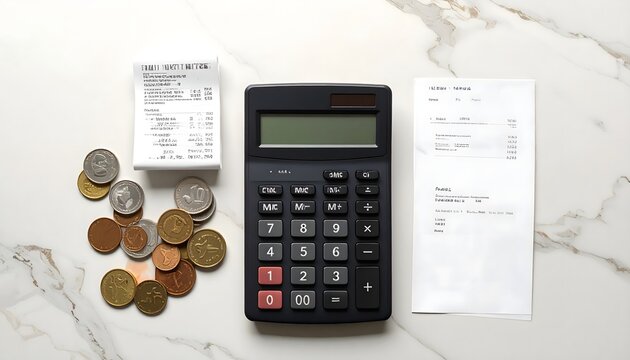 Calculadora con monedas y recibos sobre mesa de m&aacute;rmol, concepto de gastos y finanzas personales