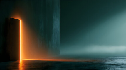 Fototapeta premium Abstract background with a glowing orange portal in a dark, misty, and moody environment, featuring a minimalist monolithic structure and reflective floor surface
