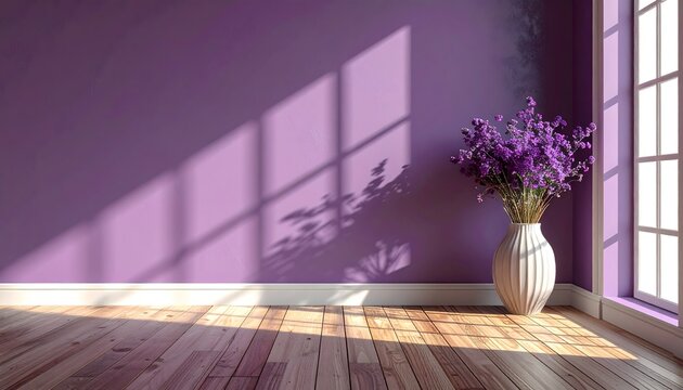 Interior minimalista con pared violeta, sombras de ventana y jarr&oacute;n con flores moradas sobre suelo de madera