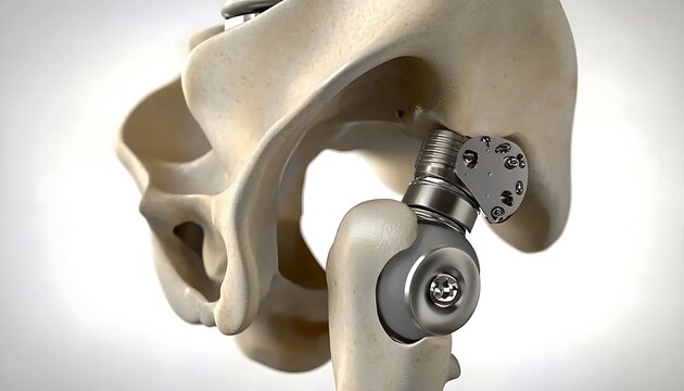 Close up view of orthopedic surgical hip replacement prosthetic implant inside pelvic bone structure.