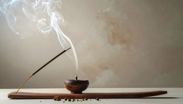 Varilla de incienso encendida con humo sobre soporte minimalista en ambiente tranquilo y espiritual