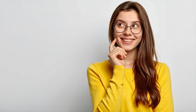 Mujer joven con gafas y jersey amarillo sonriendo pensativa sobre fondo gris claro