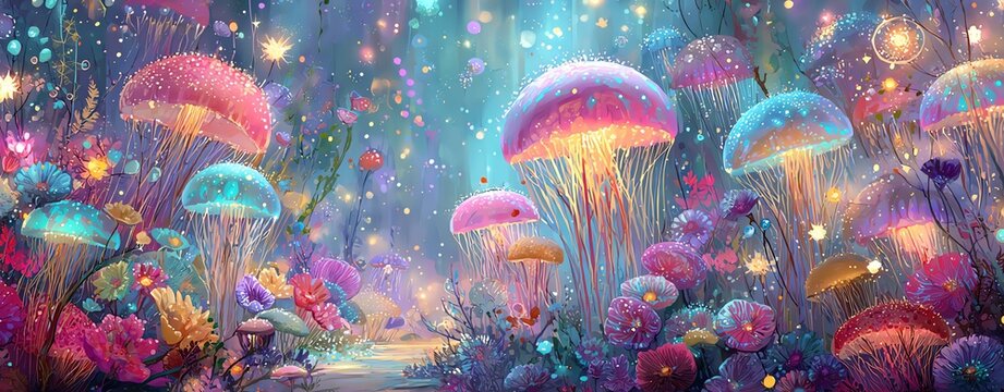 A vibrant, magical scene of colorful glowing jellyfish underwater.