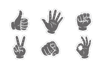 Fototapeta premium Cartoon hand stickers in black and white for various expressions