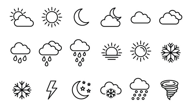Meteorological forecast line icon collection containing rain cloud snowflake and lightning status