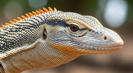 Fototapeta premium Macro profile of a patterned monitor lizard head and orange spines