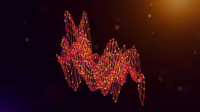 Dynamic Colombia map reveal animation formed by connected neural network lines and colorful nodes over a purple orange bokeh background, symbolizing AI, data, and digital transformation.