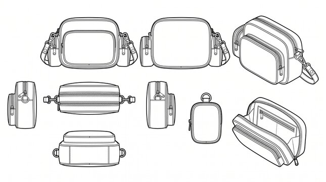 Crossbody Bag Technical Drawing Template with Multiple Views and Interior Detail - Vector Fashion Flat Sketch