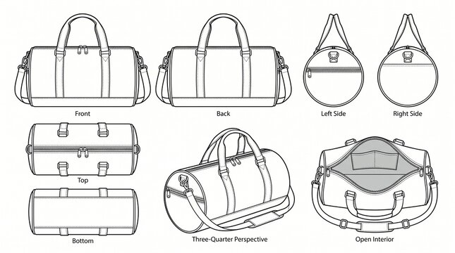 Duffel Bag Technical Flat Sketch Vector Template with Front, Back, Side, Top, Bottom, Perspective, and Open Interior Views