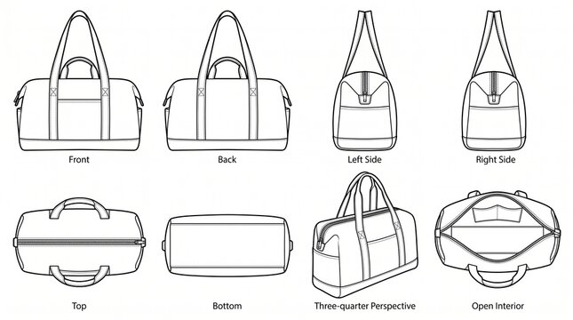 Duffle Bag Technical Sketch Fashion Flat Vector Template - Front, Back, Side, Top, Bottom, and Interior Views