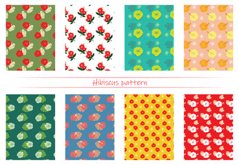 Tropical Hibiscus Seamless Patterns Set, Hawaiian Floral Backgrounds Collection with Colorful Exotic Flowers and Leaves for Fabric Design © Pujan