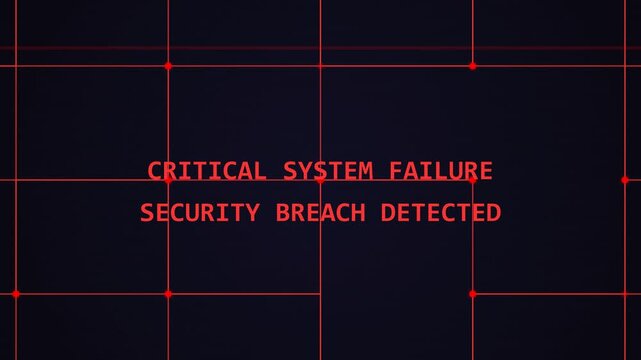 Urgent digital alert on a dark screen featuring red grid lines, indicating a critical system failure and a detected security breach, symbolizing a severe cybersecurity incident or data compromise