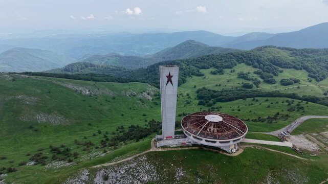 Communist monument in Buzludzha with a red star, the symbol of the USSR.