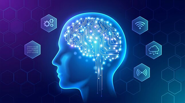 Artificial intelligence concept with a glowing digital brain inside a human head silhouette
