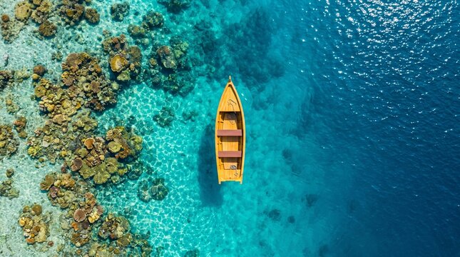 Aerial view of a wooden boat floating over a coral reef in clear blue water