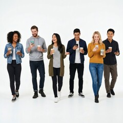 Fototapeta premium Diverse Group of Friends Walking and Using Smartphones