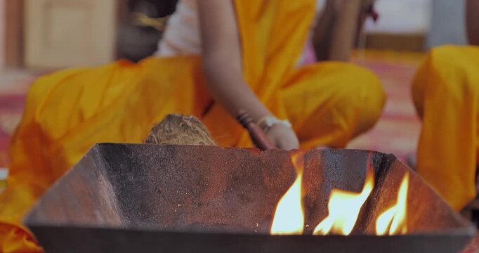 Holy Fire Ritual (Havan Yajna) with Ghee Ahuti in Hindu Religious Ceremony