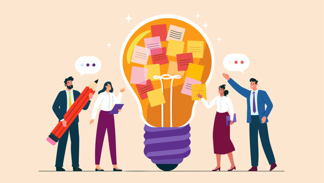 Team Brainstorming Ideas on a Giant Light Bulb with Sticky Notes