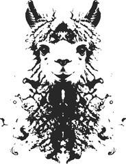 Fototapeta premium Symmetrical inkblot forming an alpaca face, black and white, abstract surreal portrait.