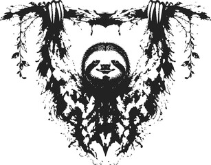 Obraz premium A Rorschach style inkblot reveals a hanging sloth with leaves and vines, black and white art.