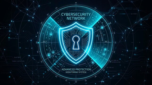 Cybersecurity network protection concept with glowing shield icon and digital data stream background