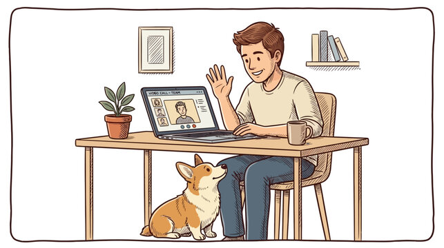 A man on a video call with his laptop, waving, while his corgi dog sits under the desk.