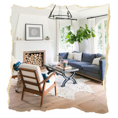 Obraz premium Png cozy interior living room sticker, ripped paper, transparent background