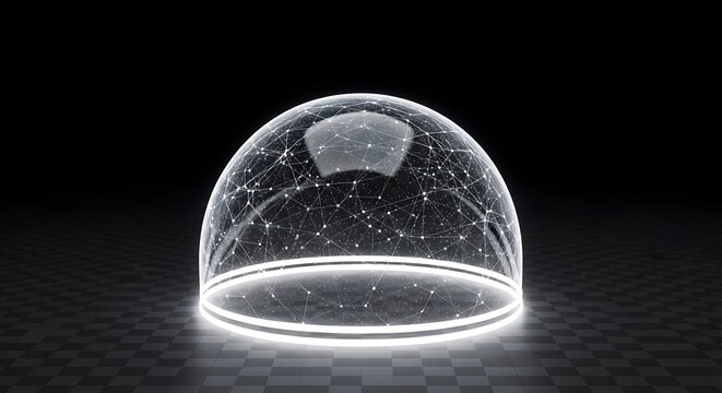 Glowing Digital Network Shield Dome on Black Grid