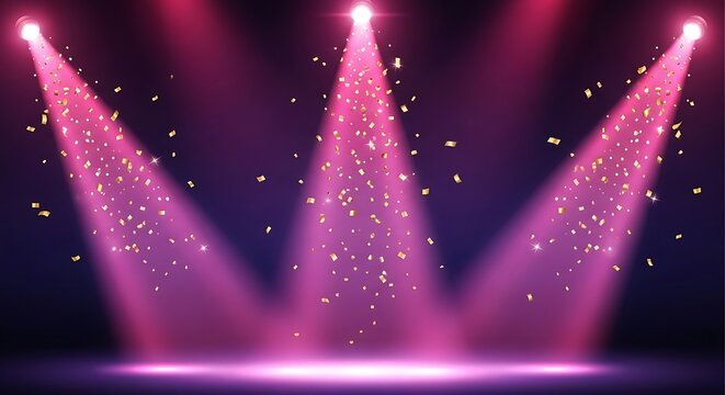 Pink Spotlight Stage and Falling Gold Confetti Background