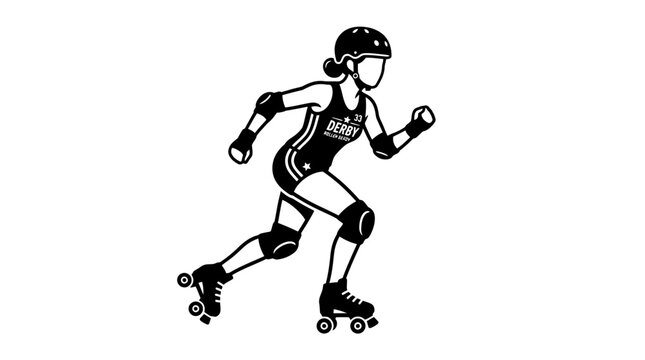 Roller Derby Athlete in Motion, Woman Skater with Helmet and Pads, Vector Silhouette