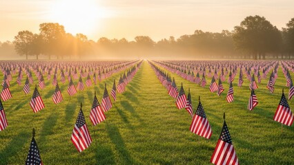 Obraz premium Patriotic American Flag Memorial at Golden Sunrise