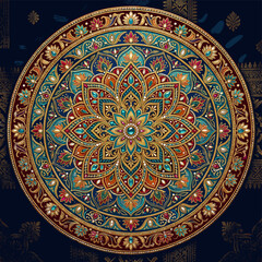 Fototapeta premium Intricate and vibrant mandala design with floral patterns and rich jewel tones on a dark background.