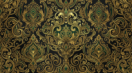 Intricate gold and emerald damask pattern with ornate baroque swirls on a black background. © abi