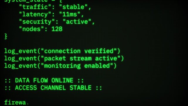 Green programming code scrolling on dark screen with cyber security terminal style. Futuristic digital interface and technology background for network and data concepts.