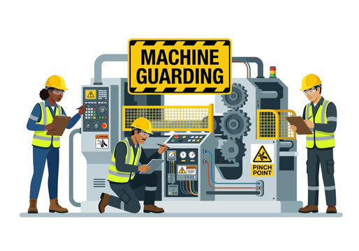 Three industrial workers performing safety inspection on a large machine with guarding signs.