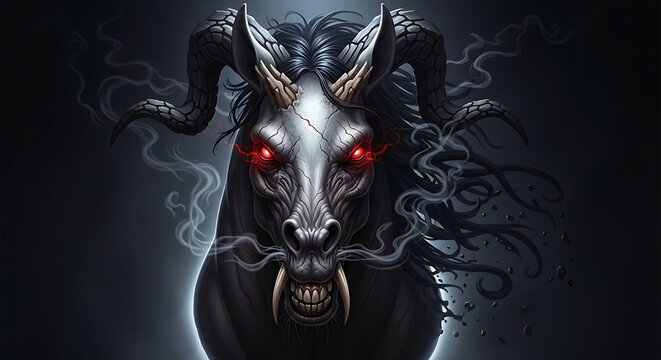 Demonic creature with red eyes and horns in darkness
