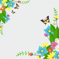 Fototapeta premium Beautiful floral corner border vector illustration featuring colorful spring flowers, flying butterflies, and green leaves on an isolated transparent background.