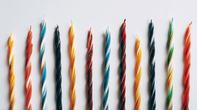 Many vibrant multicolored birthday candles arranged in a straight vertical row against a plain white background for festive party celebrations