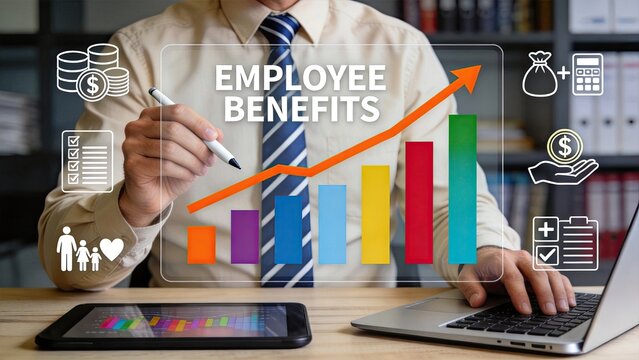 Employee benefits compensation analysis with rising growth chart, human resources salary planning and financial rewards strategy concept for workforce management and retention.