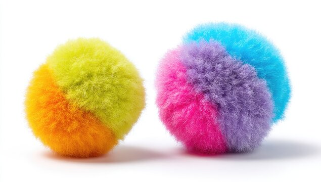 Two round, fluffy, colorful pom-poms isolated on a white background with soft shadows