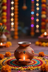 Fototapeta premium Vibrant Navratri festival background at night with a traditional clay Garba pot, glowing diya, and colorful marigold flower decoration. 